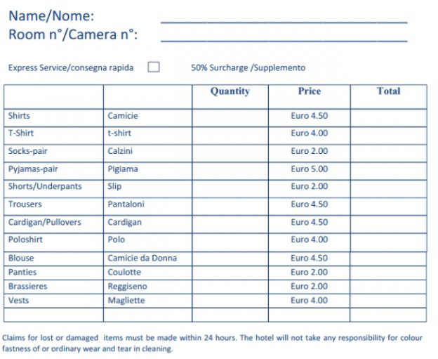 Italy hotel laundry price list